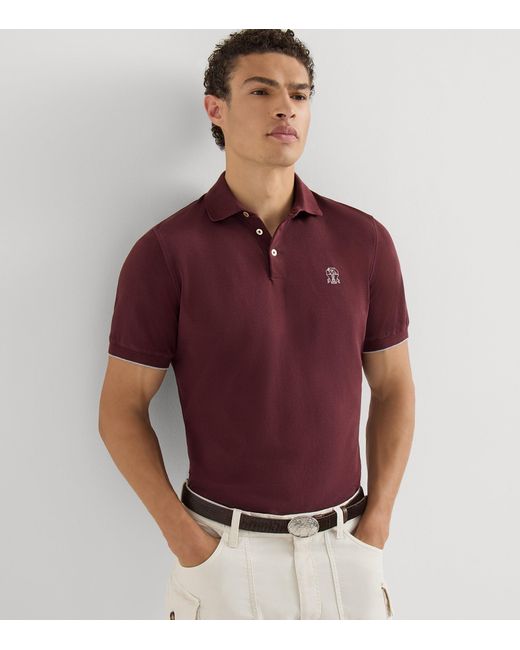 Brunello Cucinelli Red Cotton Piqué Logo Polo Shirt for men