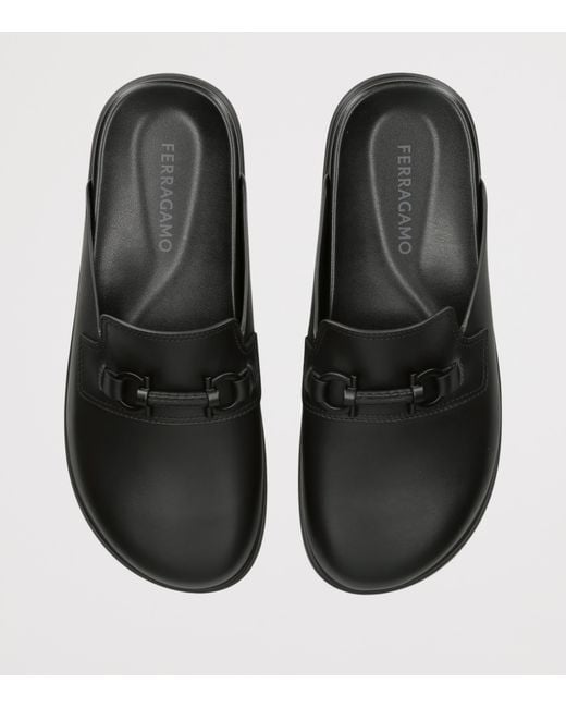 Ferragamo Black Leather Gancini Mules for men