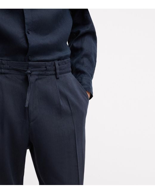 Boss Blue Linen-Blend Drawstring-Waist Tailored Trousers for men