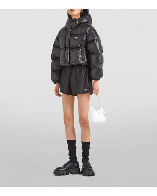 Prada Black Logo-Plaque Padded Cropped Shell-Down Jacket