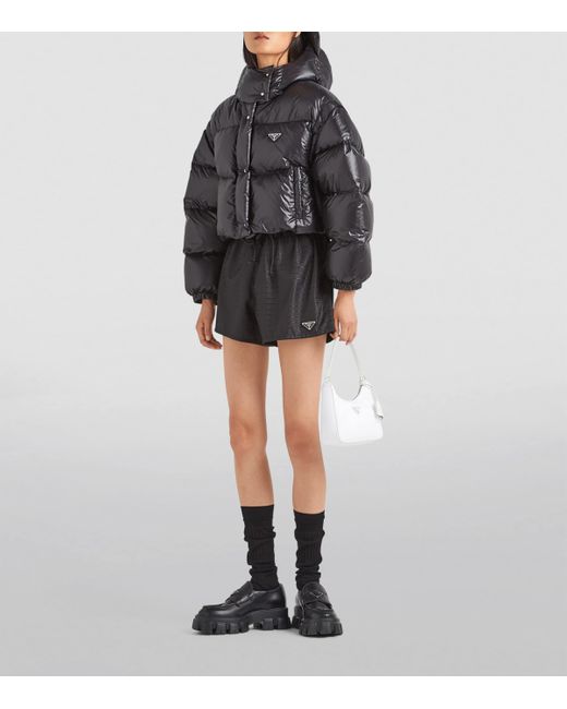 Prada Black Logo-Plaque Padded Cropped Shell-Down Jacket