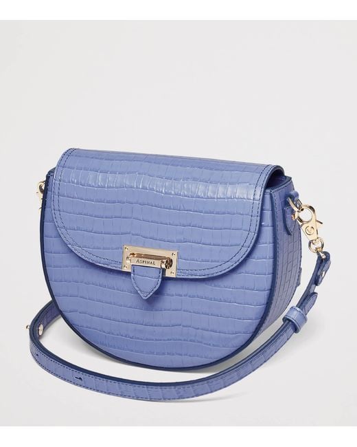 Aspinal Blue Leather Croc-Embossed Portobello Cross-Body Bag
