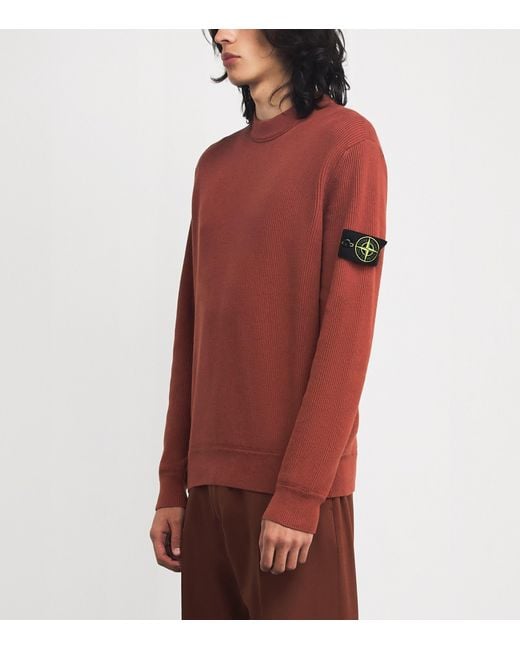 Stone Island Red Cotton Rib-Knit Compass Sweater for men