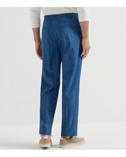 Brunello Cucinelli Blue Denim Drawstring Trousers for men
