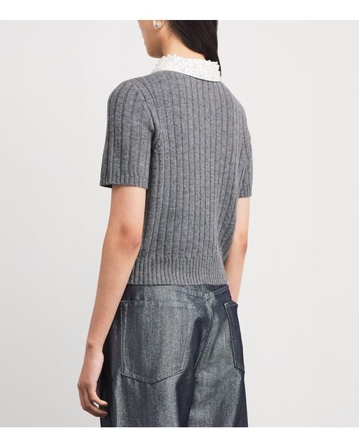 Maje Gray Wool-Blend Beaded-Collar Polo Sweater