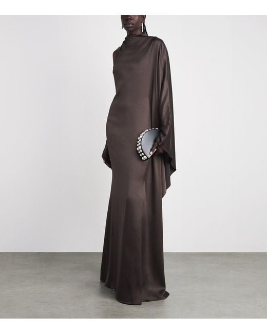 De La Vali Brown Satin One-Shoulder Odaluna Maxi Dress