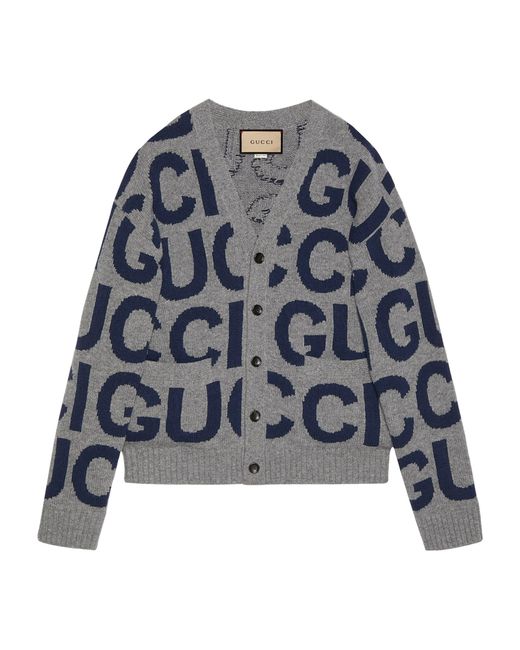 Gucci Blue Wool Intarsia Cardigan for men