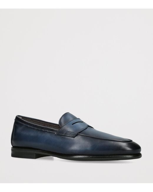 Santoni Blue Leather Cashmere-Lined Carlos Loafers for men