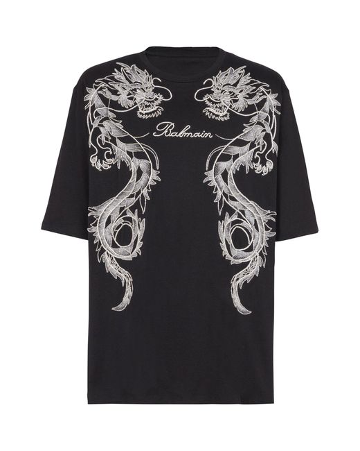 Balmain Black Cotton Rhinestone-embroidered T-shirt for men