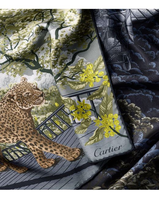 Cartier Blue Silk Santos Aéronaute Double-Sided Scarf