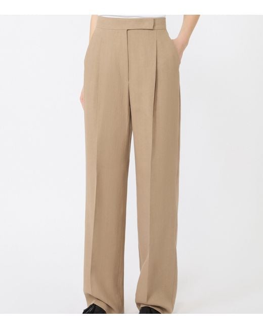 Max Mara Natural Linen Pleated Wide-Leg Trousers