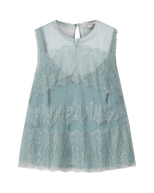 AllSaints Blue Tulle Lace-Trimmed Clara Blouse