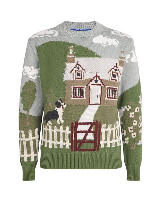 Junya Watanabe Green Cotton-Wool Intarsia Sweater for men
