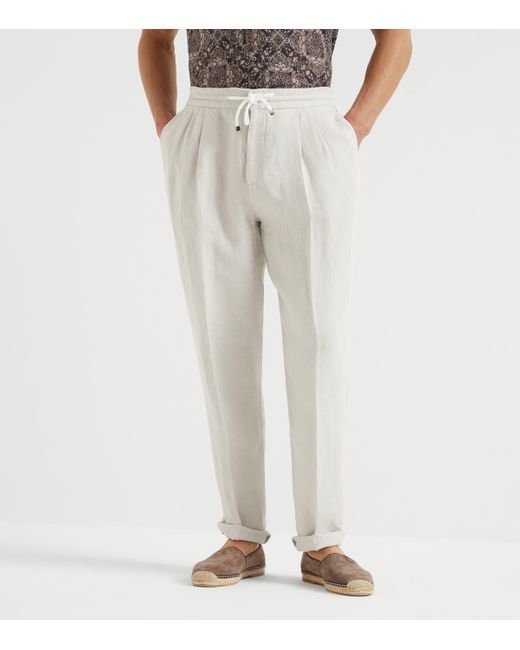 Brunello Cucinelli White Linen Drawstring Leisure Trousers for men