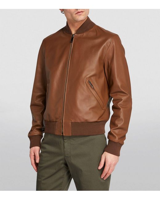 Canali Brown Leather Reversible Bomber Jacket for men