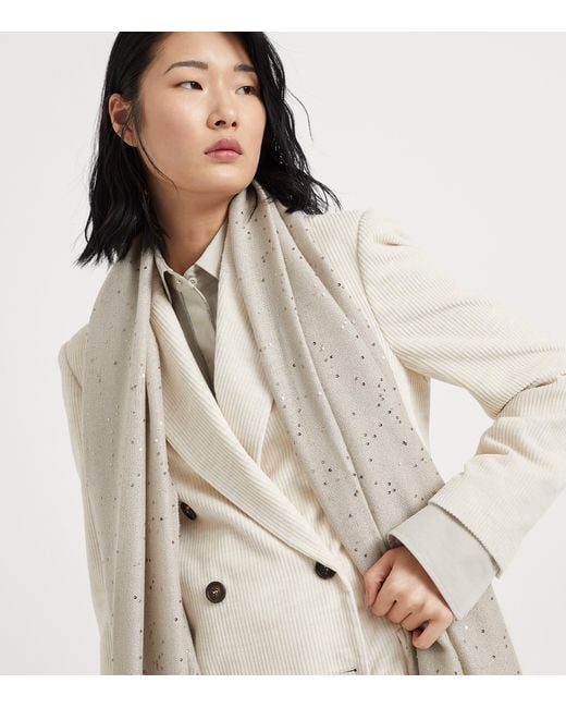 Brunello Cucinelli Natural Cashmere-Silk Embellished Scarf