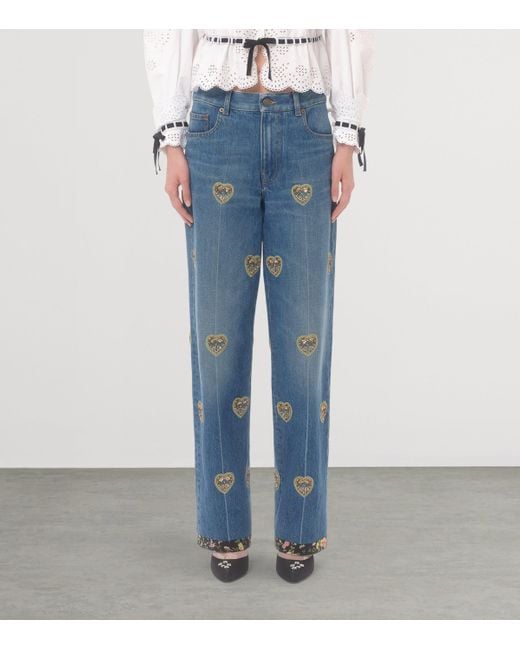 Valentino Blue Straight Embroidered-Detail Jeans