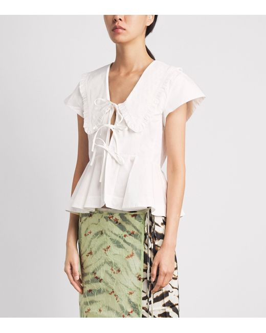 Ganni White Cotton Bow-Detail Peplum Blouse