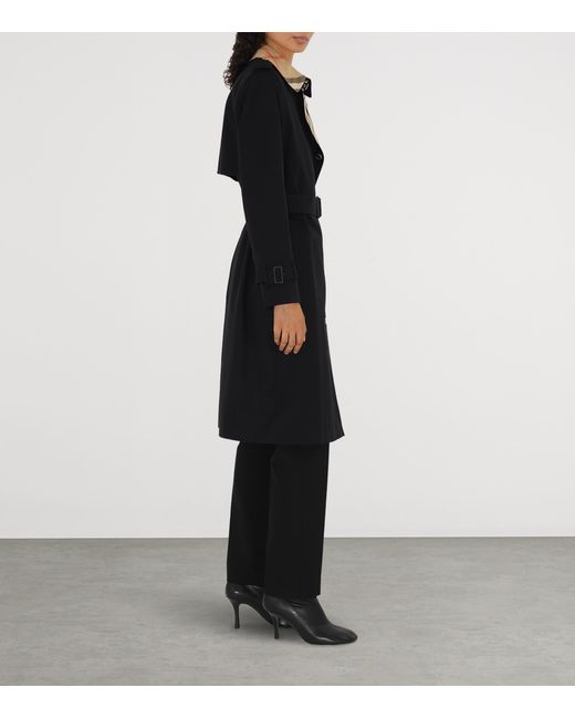 Burberry Black Gabardine Check-Collar Long Trench Coat