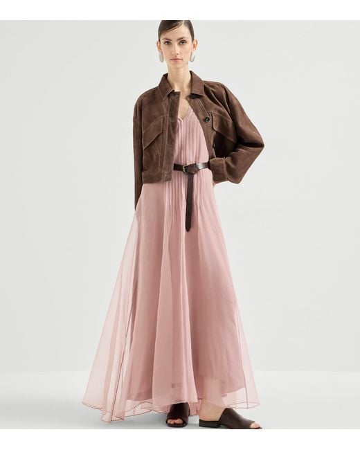 Brunello Cucinelli Pink Silk Belted Maxi Dress