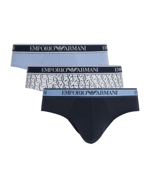 Emporio Armani Blue Stretch-cotton Logo Briefs (pack Of 3) for men