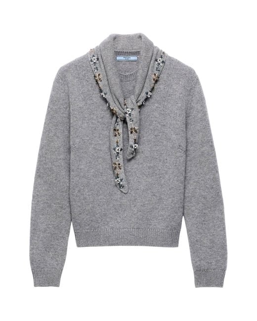 Prada Gray Cashmere Embellished Scarf-Detail Sweater