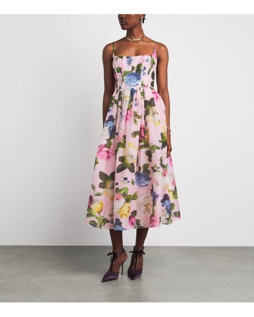 Carolina Herrera White Linen-Silk Floral Midi Dress