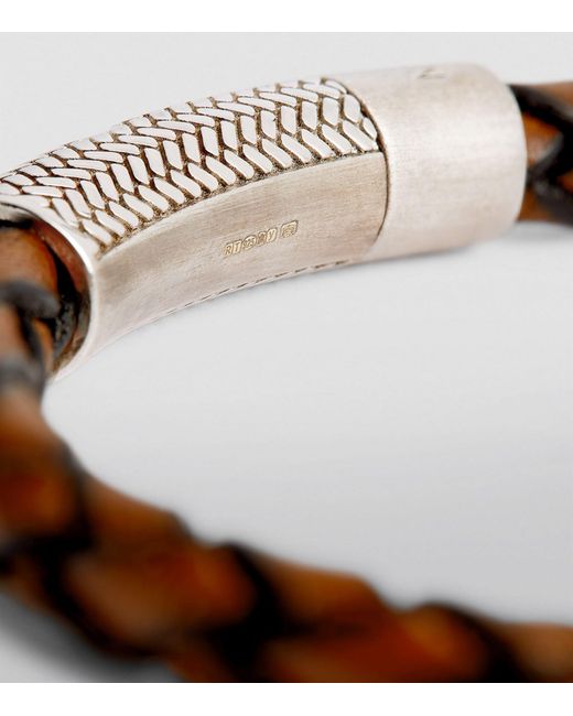 Tateossian Brown Rhodium-plated Leather Braided Bracelet for men