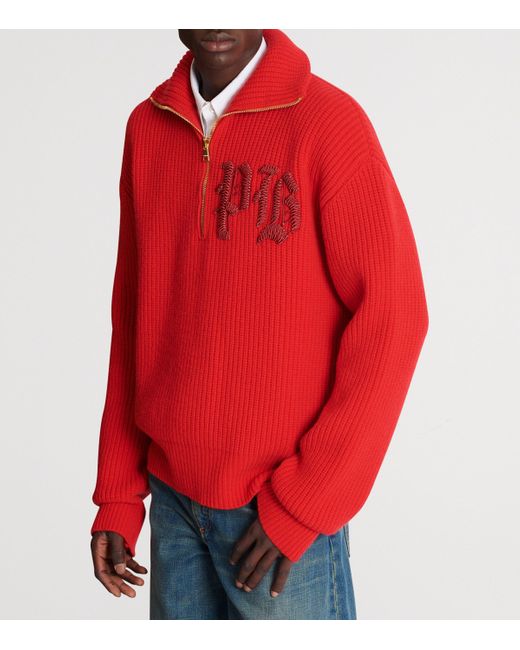 Balmain Red Virgin Wool Half-Zip Sweatshirt for men
