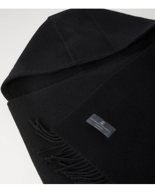 Brunello Cucinelli Black Wool-Cashmere Hood-Detail Scarf