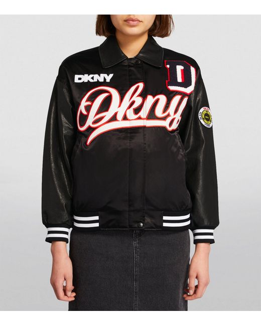 DKNY Black Embroidered Patchwork Varsity Jacket