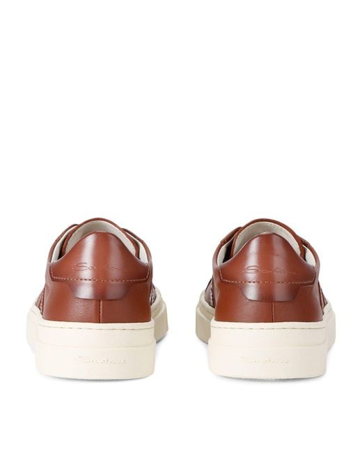 Santoni Brown Leather Double Buckle Sneakers for men