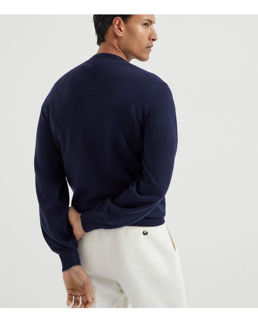 Brunello Cucinelli Blue Cashmere V-Neck Sweater for men