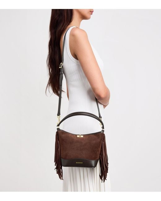 Sandro Brown Mini Leather Fringe Tangoso Bucket Bag