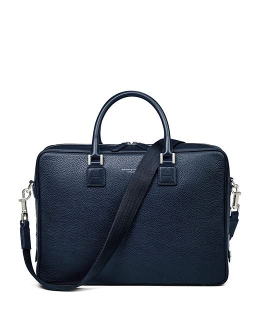 Aspinal Blue Leather Mount Street Briefcase Bag for men
