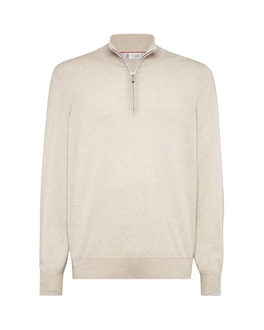 Brunello Cucinelli White Cashmere Quarter-Zip Sweater for men