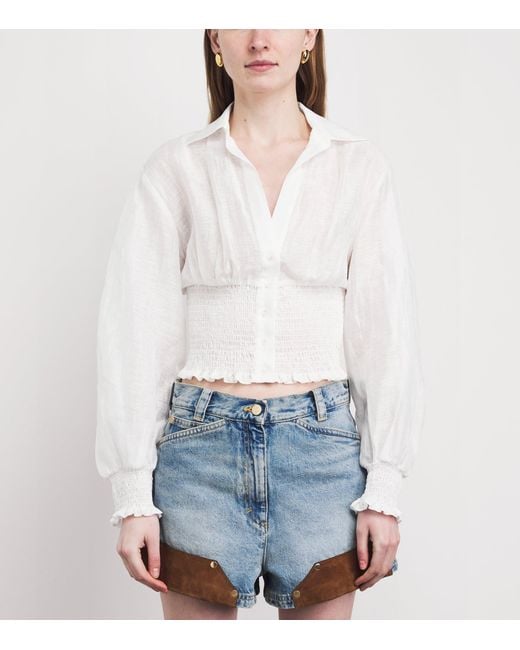 Sandro White Linen-Blend Smocked Shirt