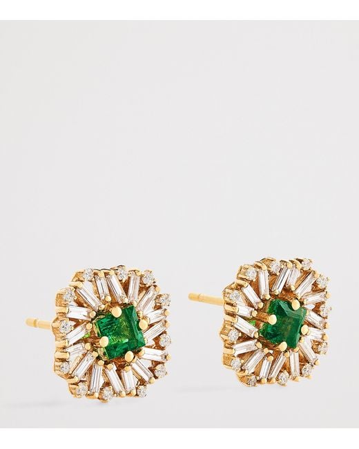Suzanne Kalan Metallic Diamond And Emerald Flower Stud Earrings