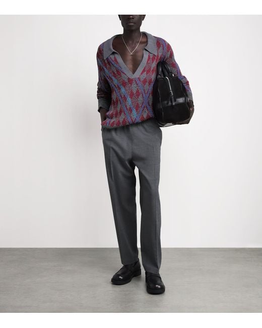 Dries Van Noten Blue Argyle Open-Collar Sweater for men