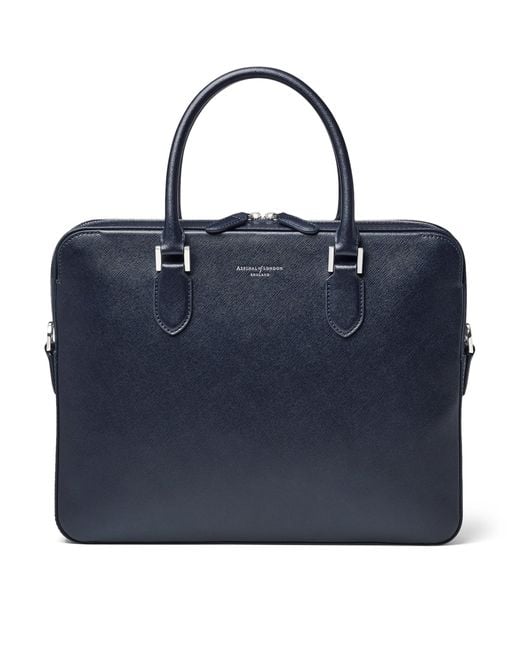 Aspinal Blue Leather Mount Street Briefcase Bag for men