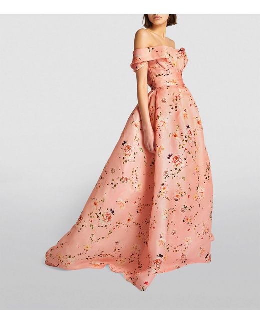 Monique Lhuillier Pink Silk Floral Off-the-shoulder Gown