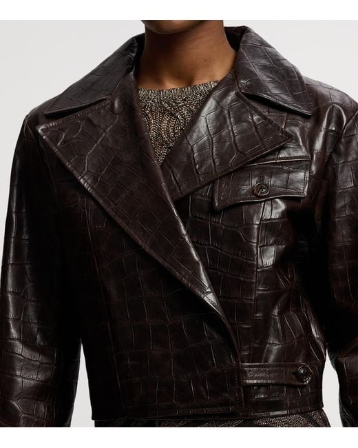 Ralph Lauren Black Croc-Print Jaxson Moto Leather Jacket