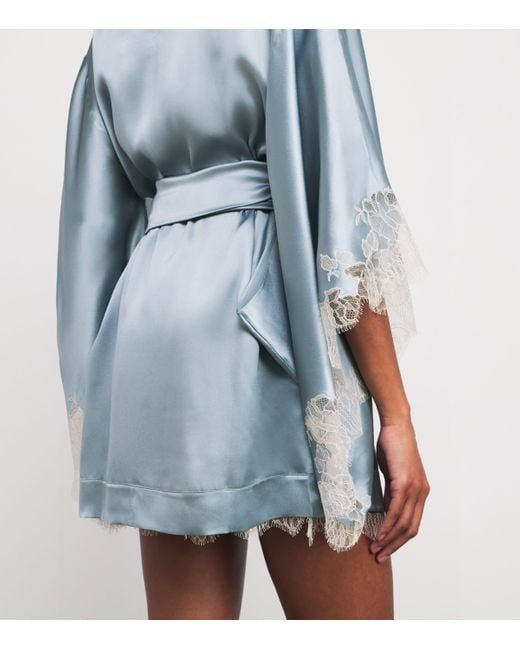 Carine Gilson Blue Silk Lace-Trim Short Kimono Robe