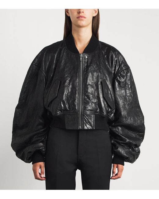 Rick Owens Black Crinkled Leather Bomber Jacket