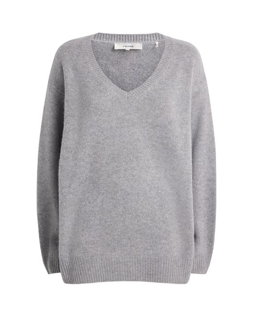 FRAME Gray Brushed Cashmere V-Neck Sweater