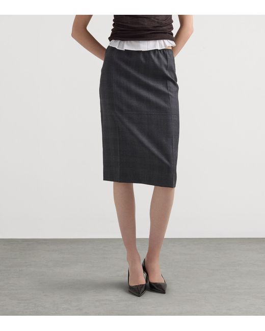 Prada Black Wool Check Midi Skirt