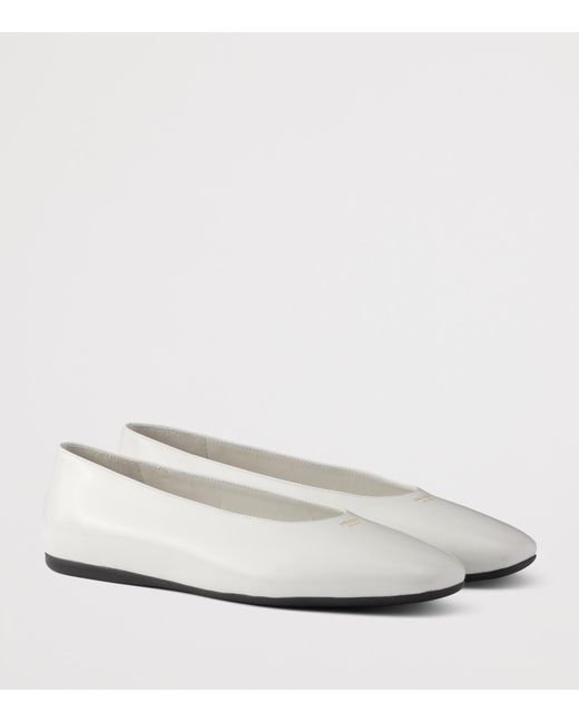 Prada White Brushed Leather Logo Ballet Flats