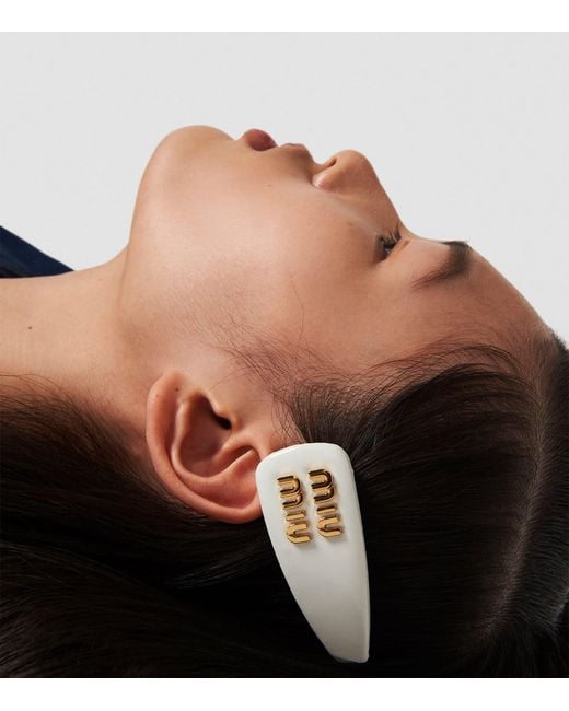 Miu Miu White Leather Logo Hair Clip