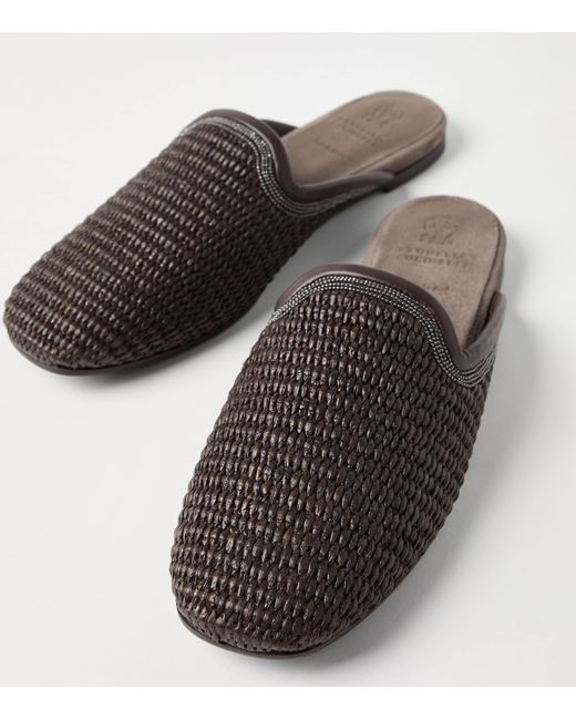 Brunello Cucinelli Brown Techno-Raffia Embellished Slides
