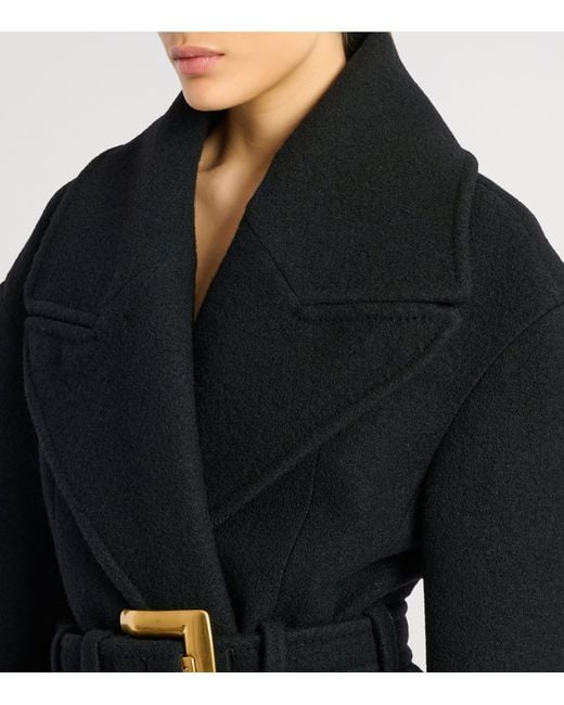 Balmain Black Virgin Wool Belted Pea Coat